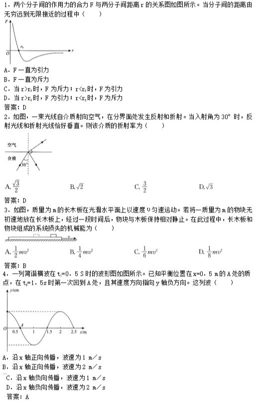 2016年成人高考高起點理化綜合考試真題及答案1-5