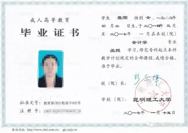 昆明理工類大學(xué)成人高考畢業(yè)證