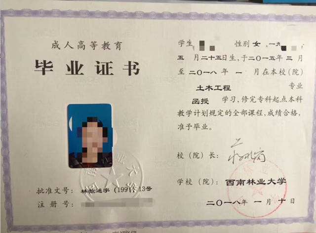 西南林業(yè)成人大學(xué)成人高考畢業(yè)證